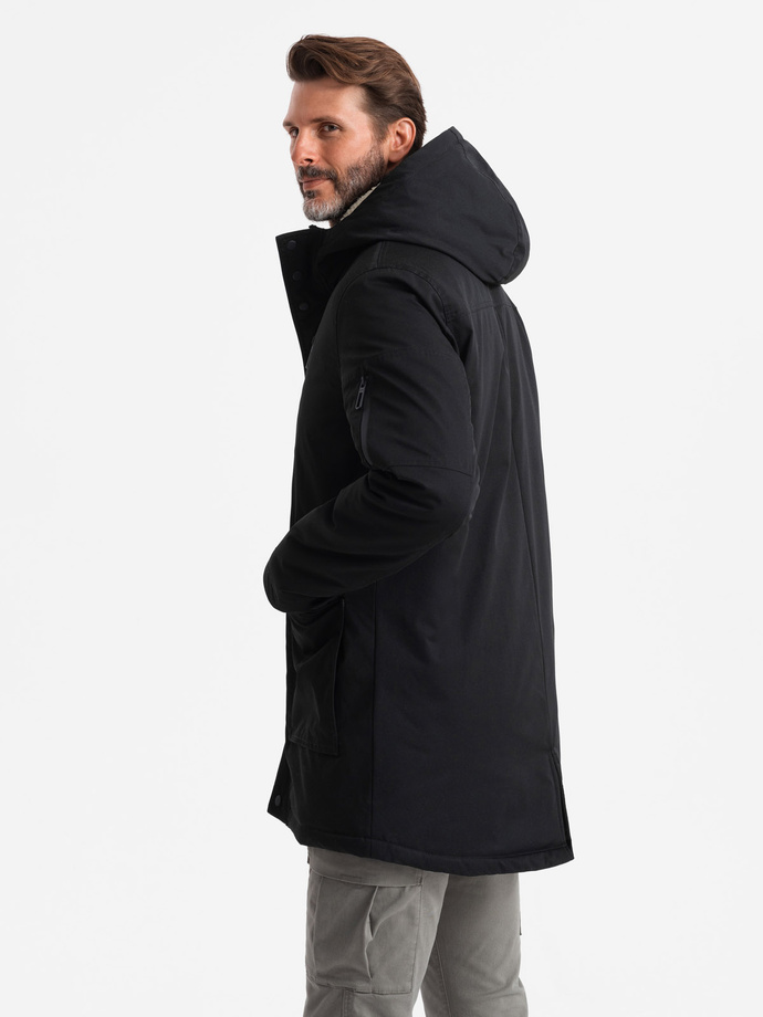 Męska długa kurtka parka sherpa – black V4 OM-JALJ-0181