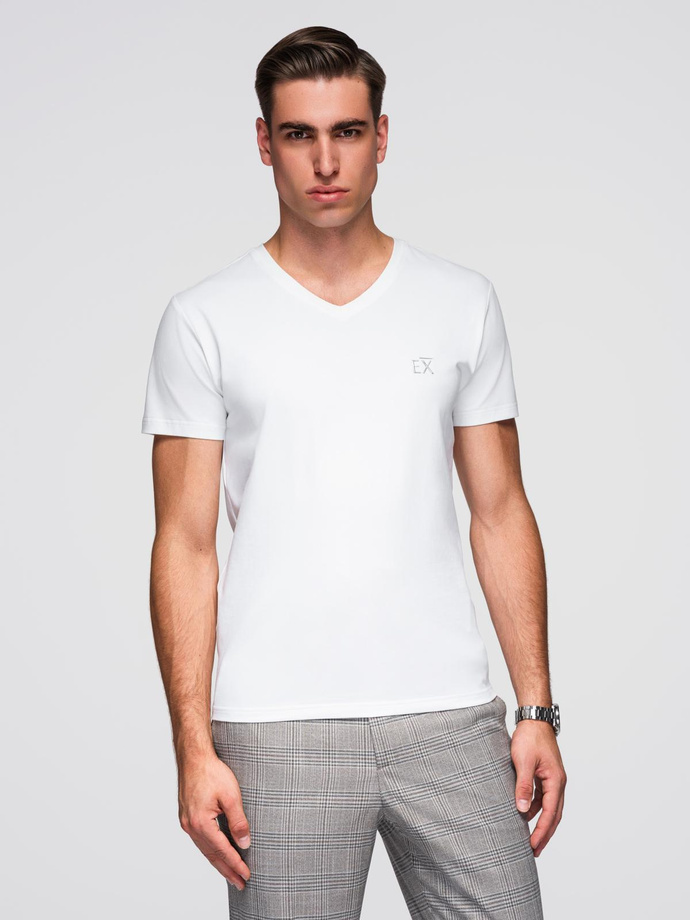 Męski t-shirt V-neck SLIM FIT z elastanem i printem – biały V2 OM-TSBC-0221