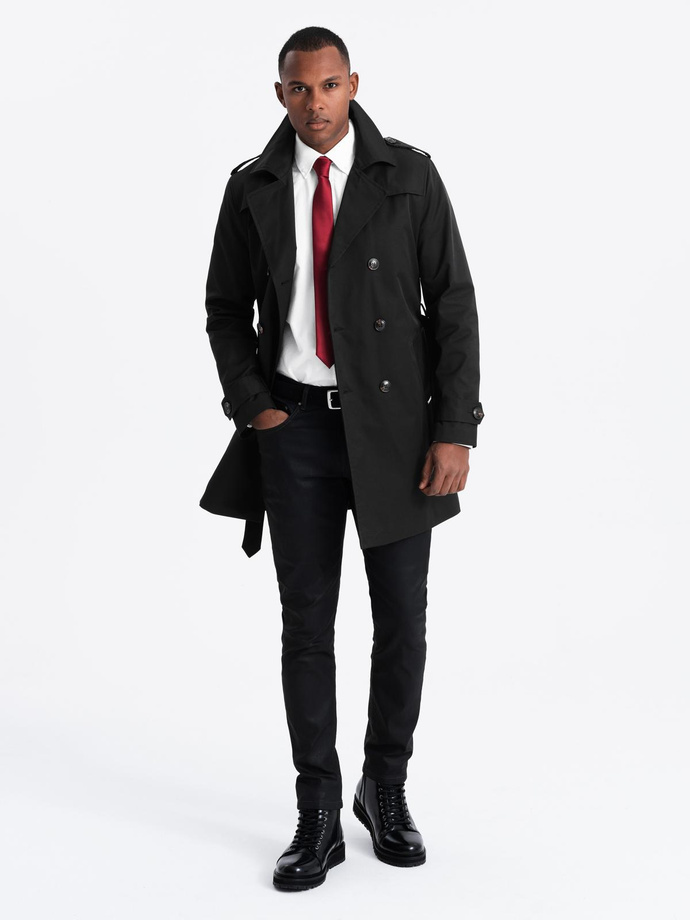 Elegancki płaszcz męski trencz SLIM FIT z paskiem – czarny V2 OM-COSC-0126