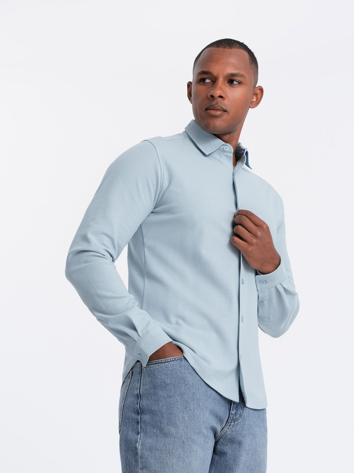 Męska dzianinowa koszula SLIM FIT z długim rękawem – błękitna V3 OM-SHCS-0177