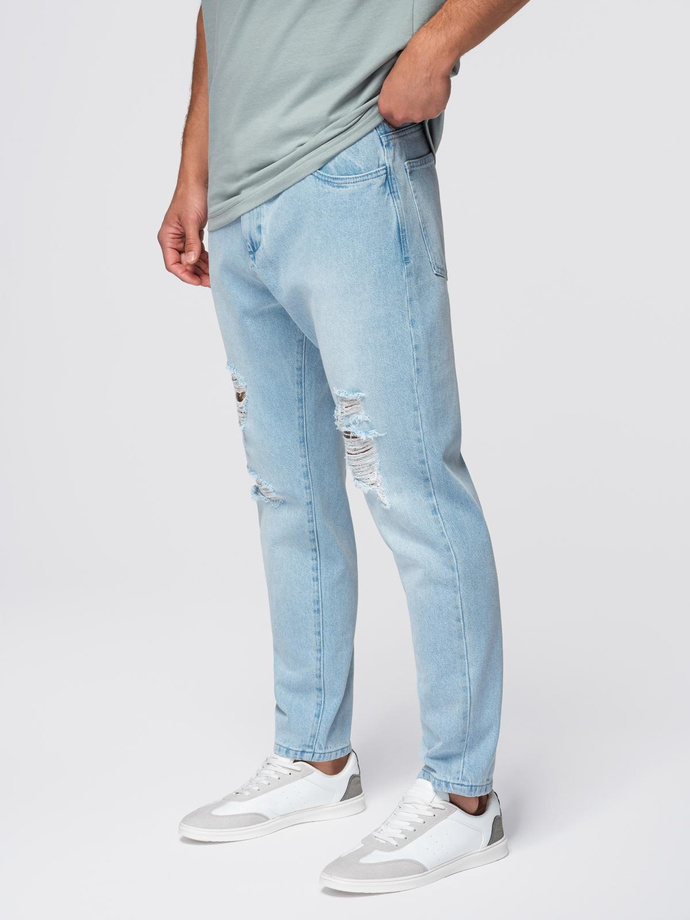 Men's CARROT FIT denim pants with rubbing - light blue V1 OM-PADP-0250