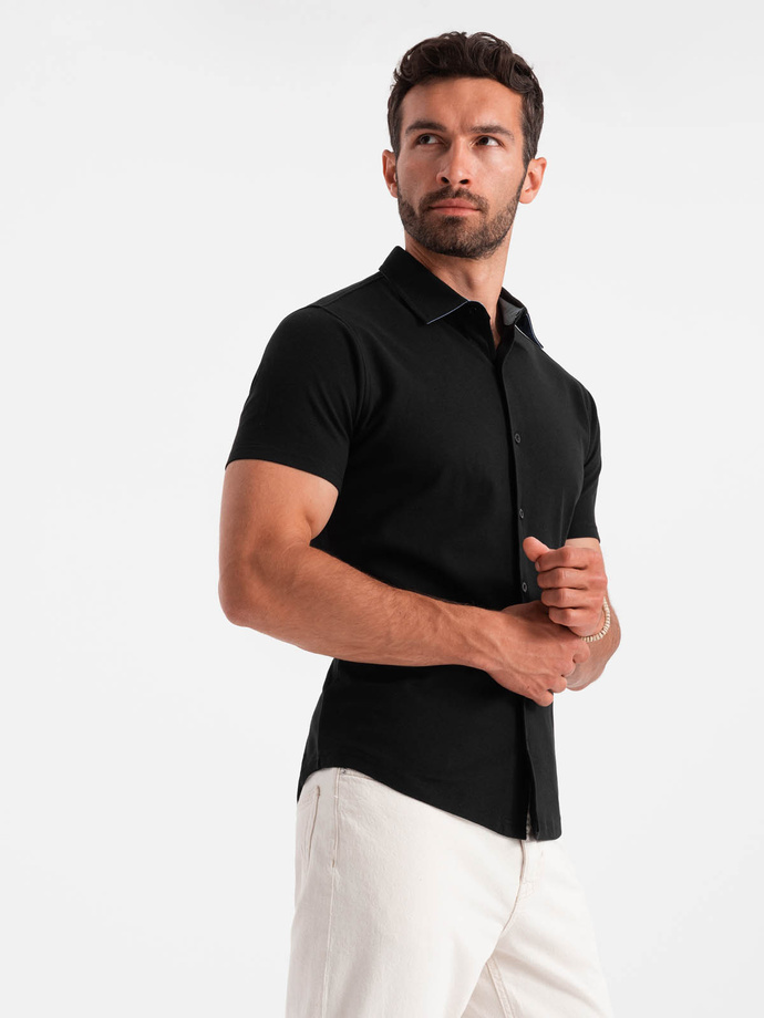Men's knitted slim fit shirt with short sleeves and collar - black V4 OM-SHSS-0100
