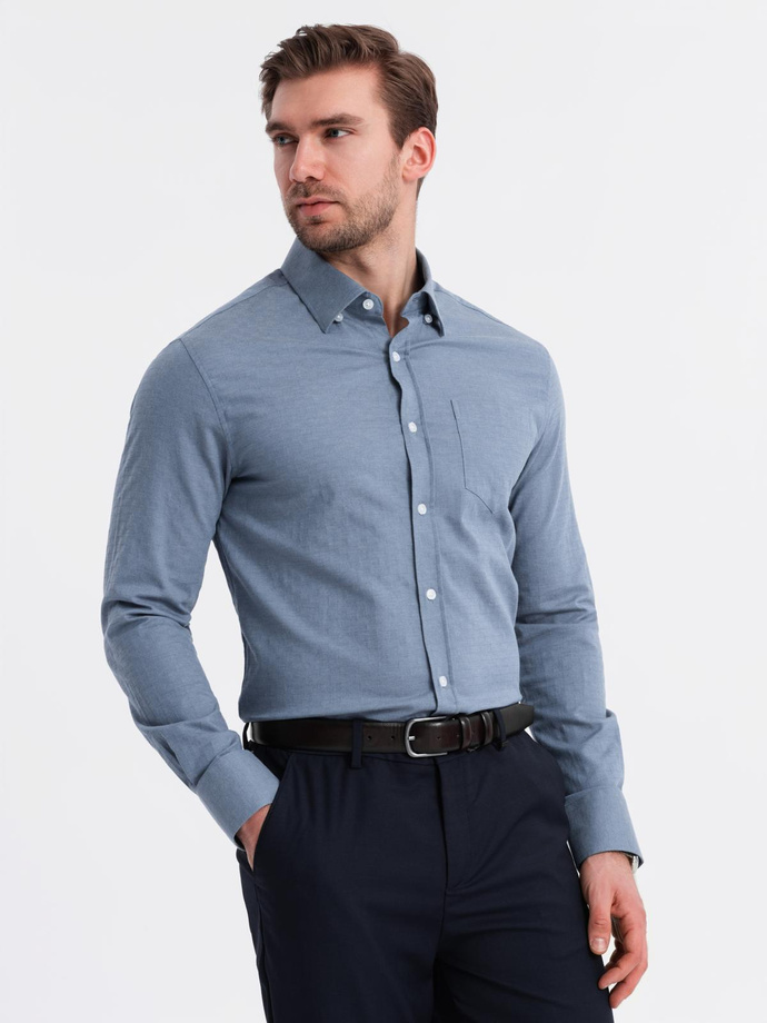 Męska koszula SLIM FIT z ozdobnej tkaniny z kieszonką – niebieska V1 OM-SHCS-0174