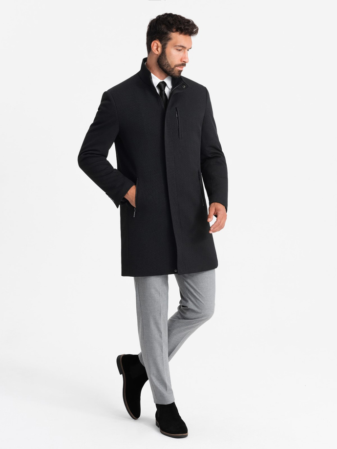 Fitted structured men's high collar coat - black V1 OM-COWC-0117