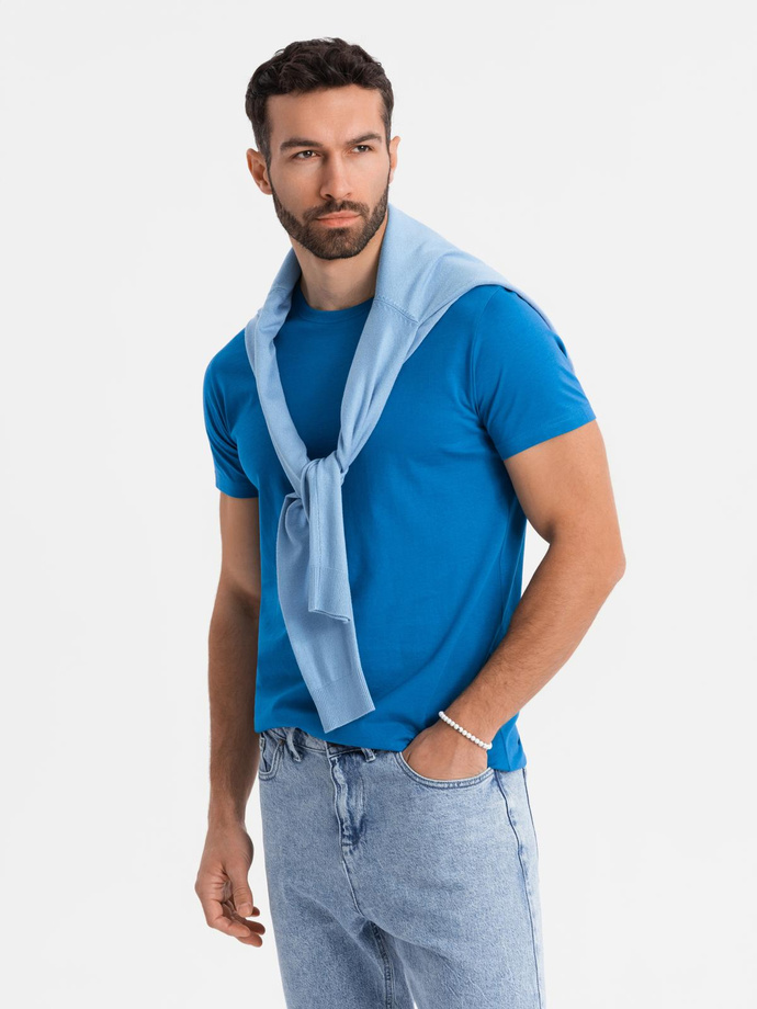 Męski klasyczny bawełniany T-shirt BASIC - niebieski V12 OM-TSBS-0236