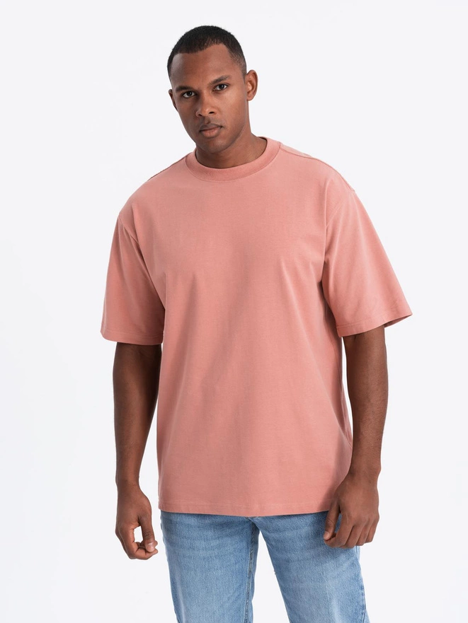 Men's cotton LOOSE FIT t-shirt with round neckline - pink V5 OM-TSBC-0234