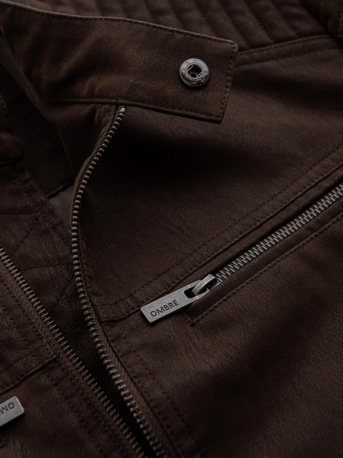 Męska stylowa kurtka biker z eco skóry ze stójką - ciemnobrązowa V1 C637