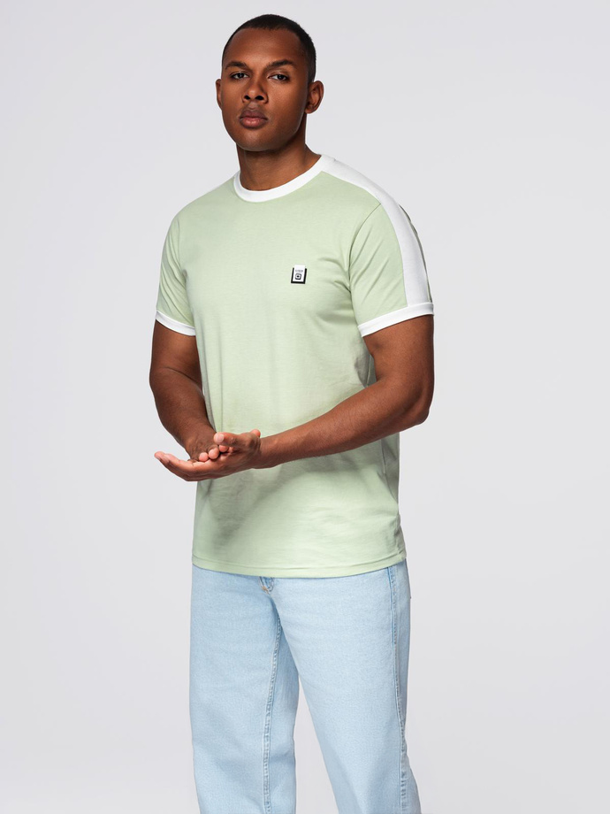 Men's T-shirt with contrasting stripes - pistachio V9 OM-TSCT-0115