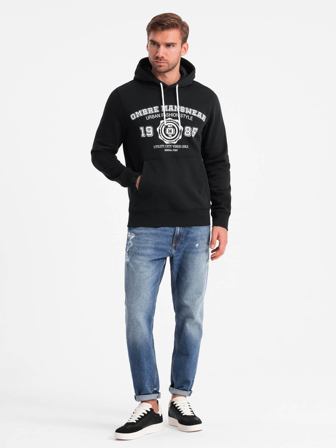 Men's kangaroo hoodie with college style print - black V3 OM-SSPS-0143