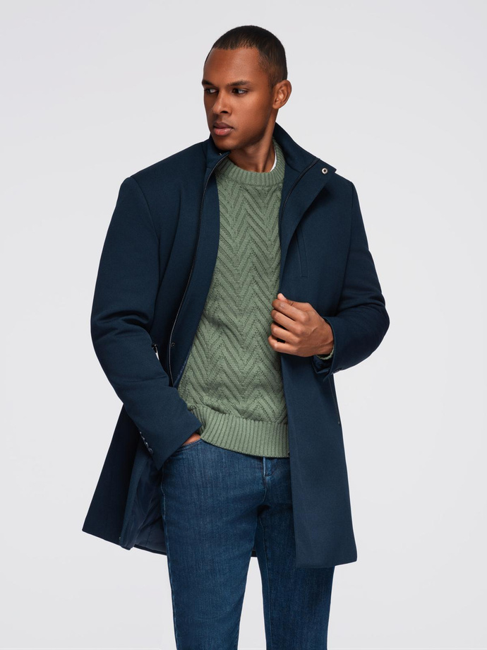 Men's tailored structured coat with high collar - navy blue V2 OM-COWC-0136
