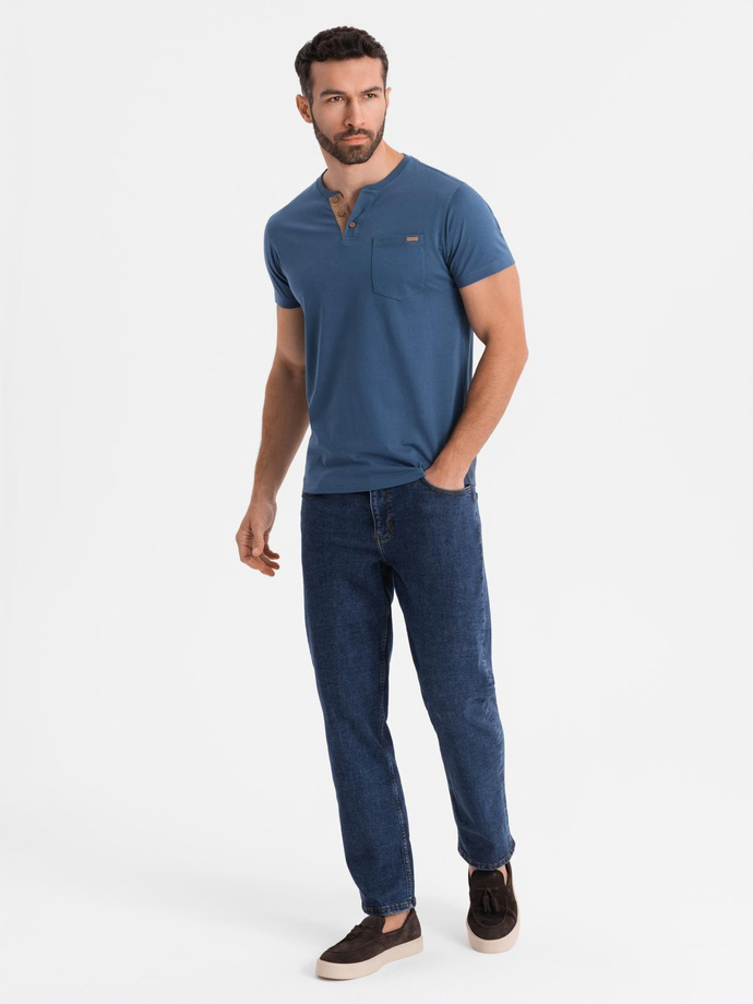 Men's T-shirt with button neckline and suede trim - dark blue V2 OM-TSCT-0206