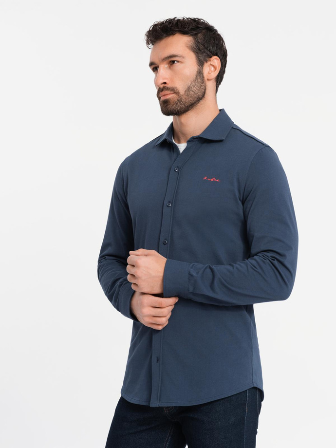 Bawełniana męska koszula REGULAR z dzianiny single jersey - niebieska V1 OM-SHCS-0138
