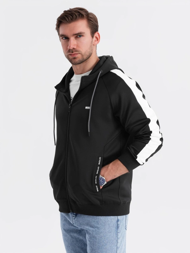 Men's unbuttoned hooded sweatshirt with piping - black V1 OM-SSZP-0210