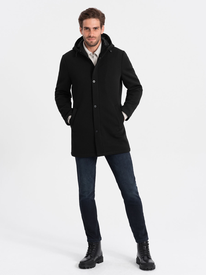 Men's insulated coat with hood and concealed zipper - black V1 OM-COWC-0110