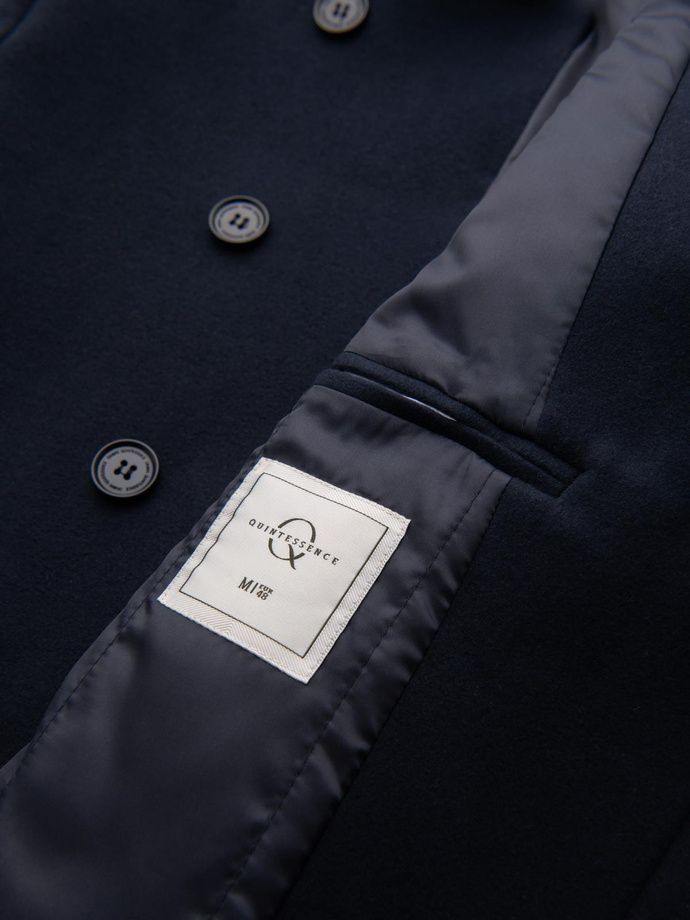 Men's coat with asymmetrical fastening and high collar - navy blue V3 OM-COWC-0141