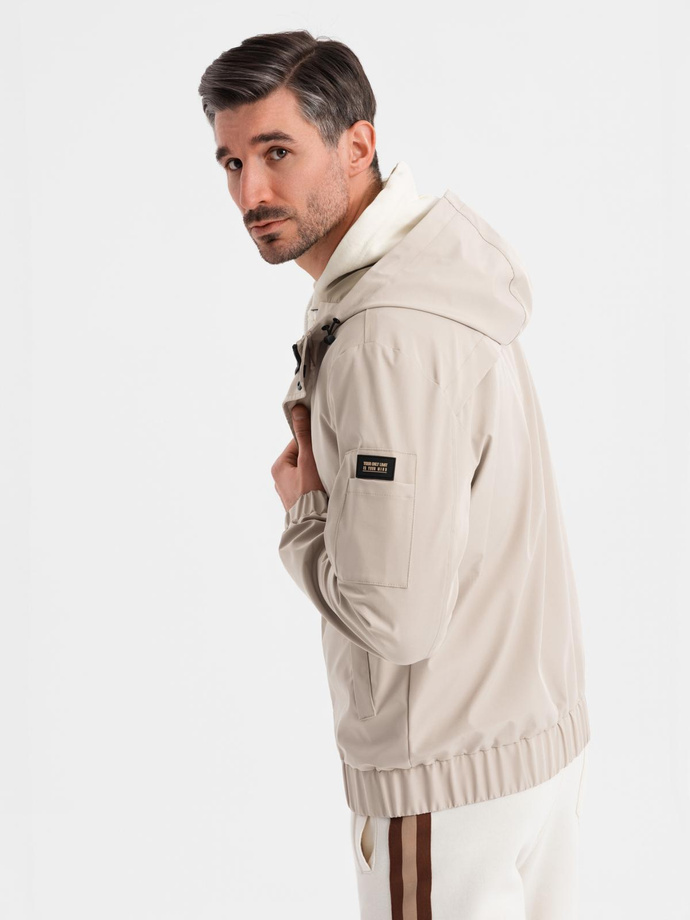 Functional men's transitional jacket with hood - beige V3 OM-JANP-0225