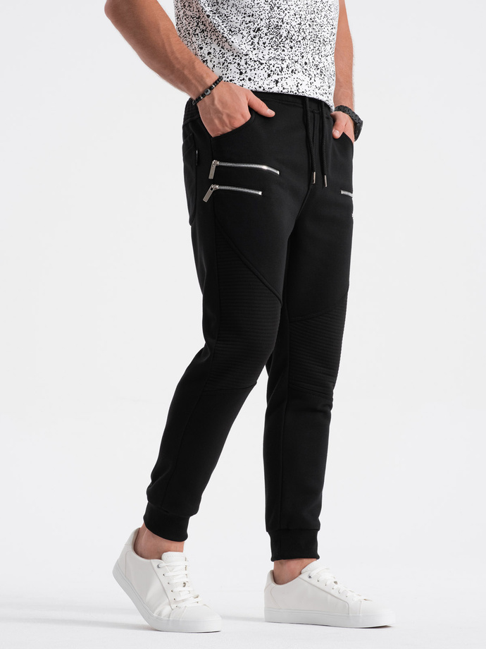 Men's sweatpants with decorative zippers - black V6 OM-PASK-22FW-012