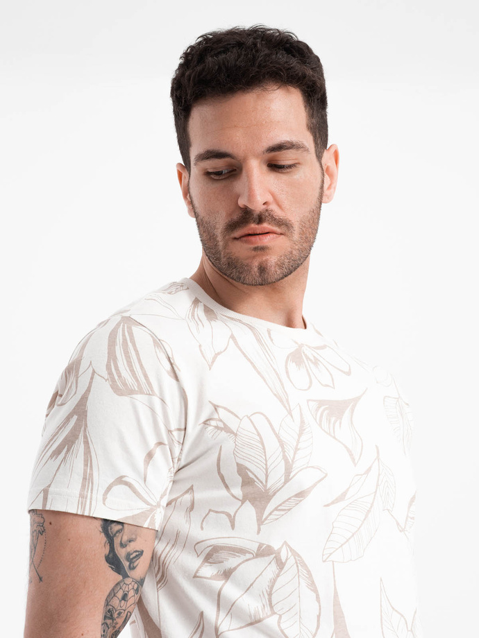 Men's full-print t-shirt in contrasting leaves - light beige V1 OM-TSFP-0180