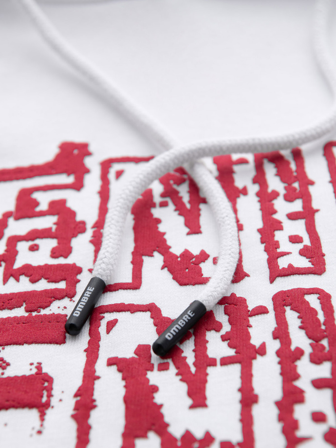 Men's non-stretch kangaroo sweatshirt with hood and print - white V3 OM-SSPS-0158