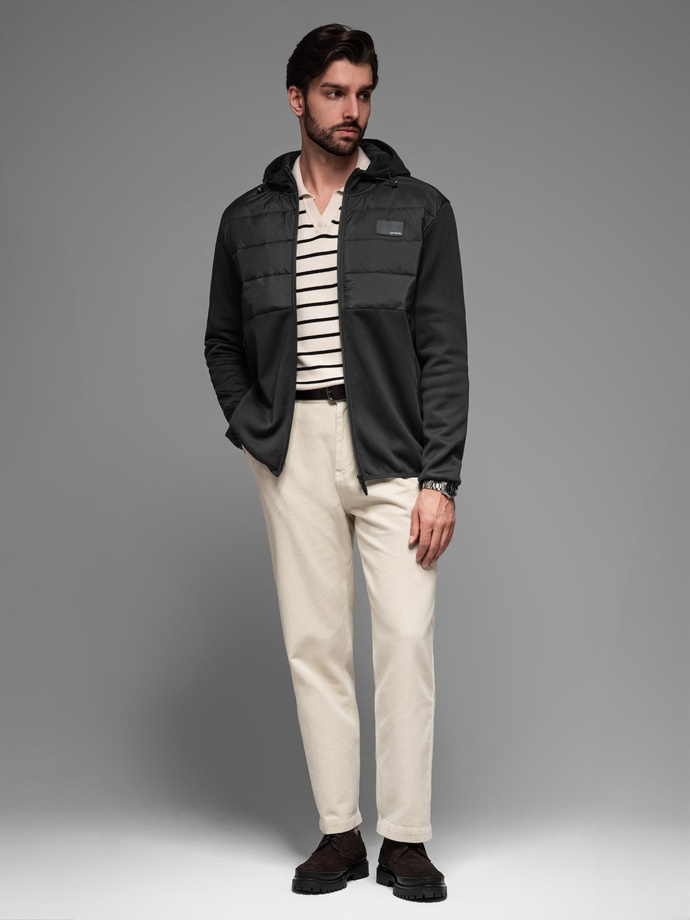 Kurtka lekka męska z łączonych materiałów z kapturem i ozdobnym pikowaniem – czarna V5 OM-JANP-0160