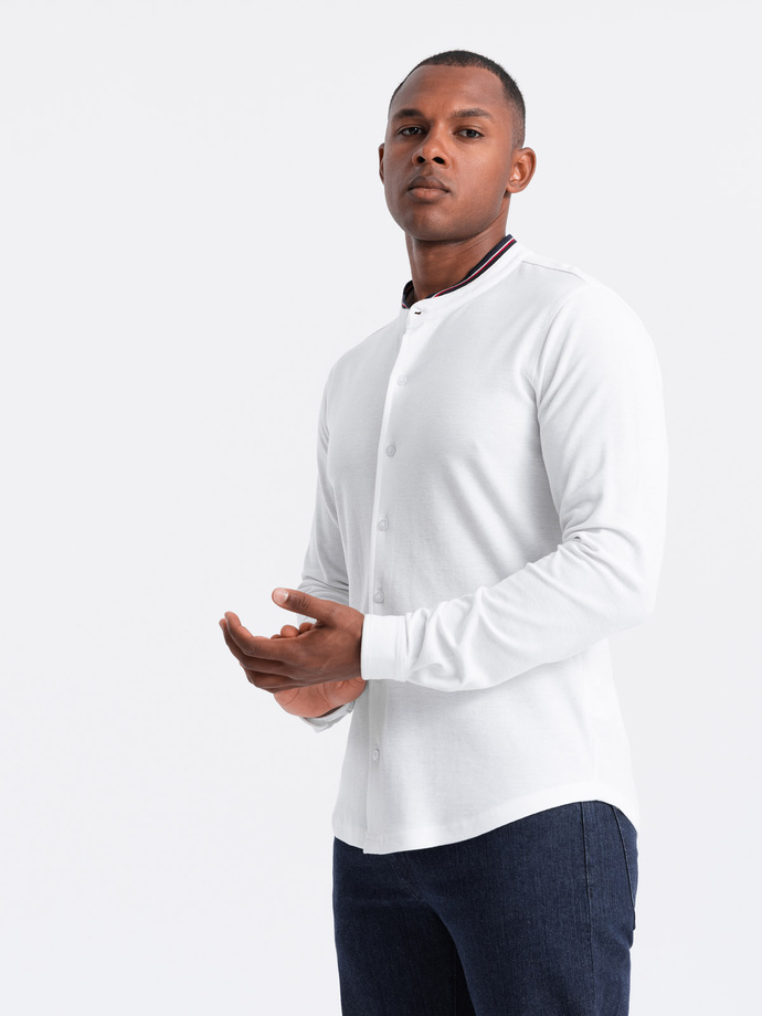 Męska koszula bawełniana SLIM FIT ze stójką w kolorowe paski – biała V1 OM-SHCS-0178