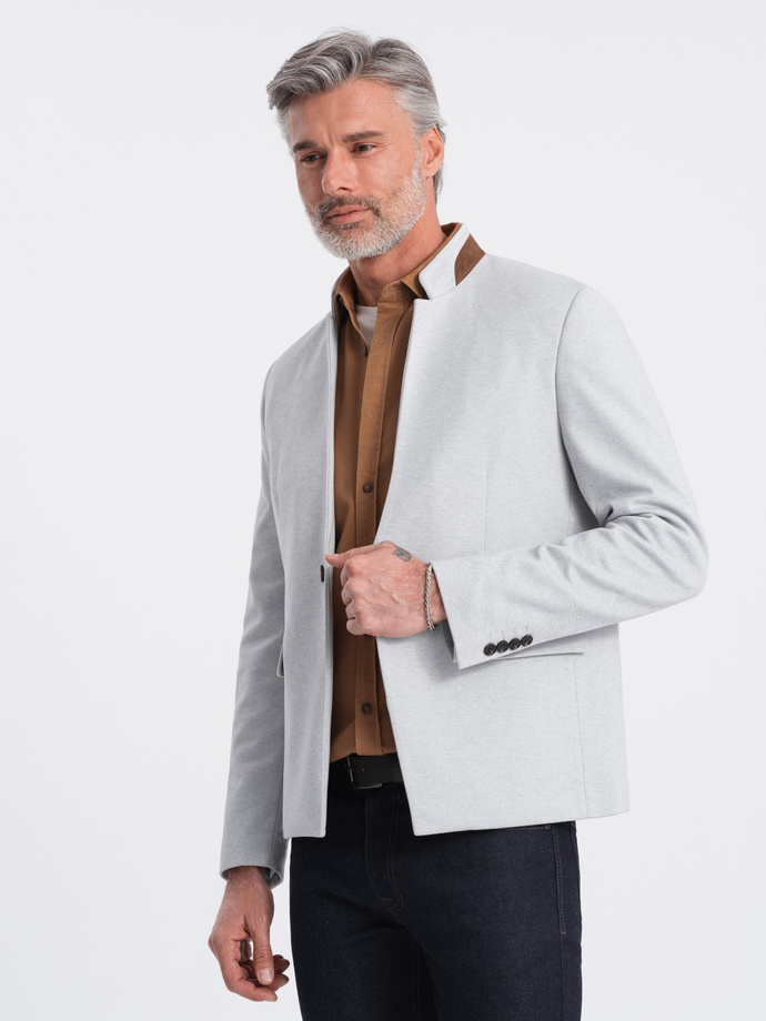 Men's melange rayon jacket with stand-up collar - grey melange V4 OM-BLZB-0131