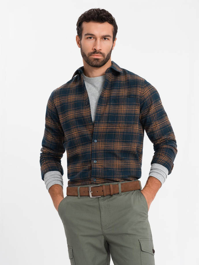 Men's checkered flannel shirt - navy blue and orange V7 OM-SHCS-0150