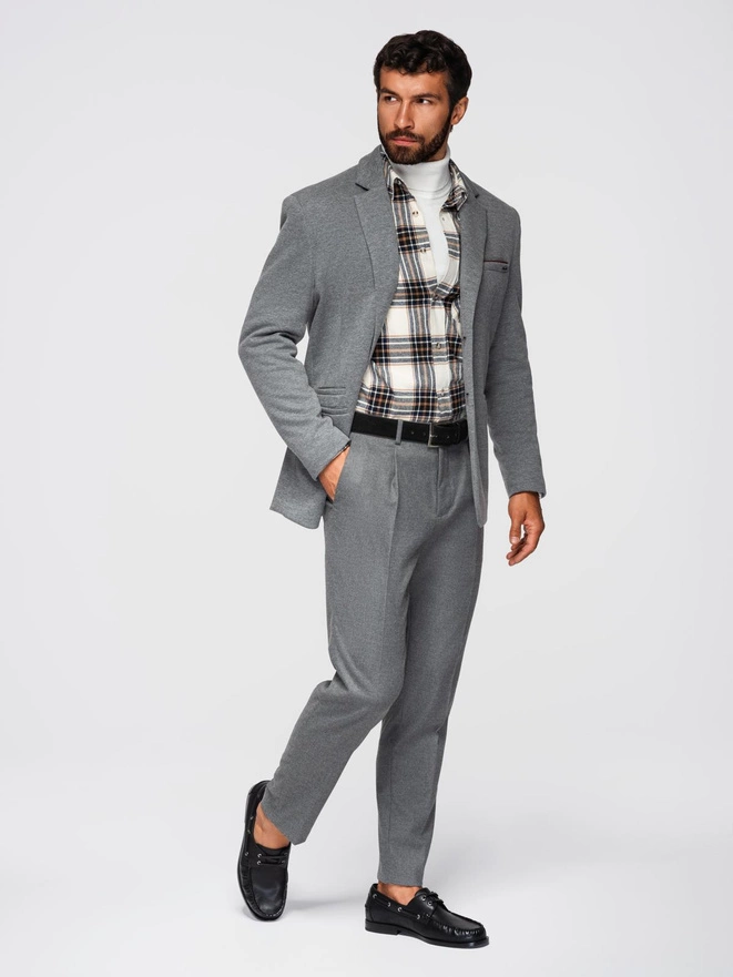 Men's knitted jacket with a fitted cut - light grey V2 OM-BLZB-0100