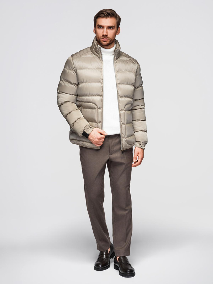 Men's quilted jacket with gloss and stand-up collar - light grey V5 OM-JALP-0218