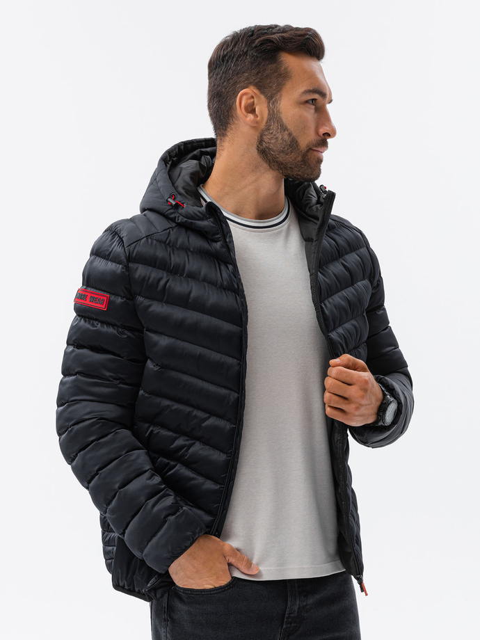Men's quilted jacket with satin finish - black V2 OM-JALP-0121
