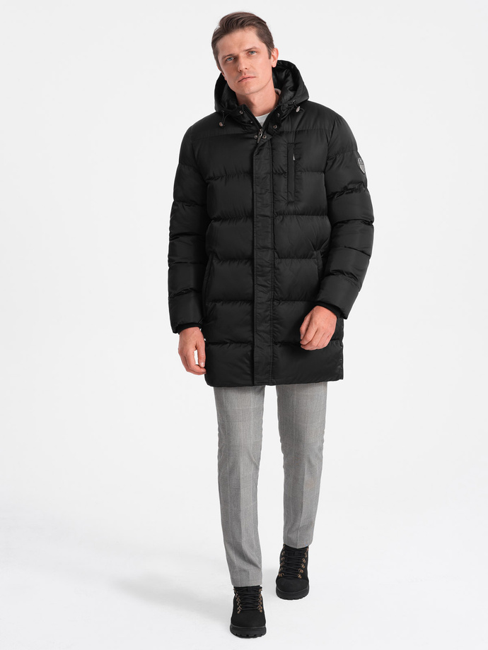 Długa zimowa kurtka męska pikowana o satynowym wykończeniu - czarna V3 OM-JALJ-0147