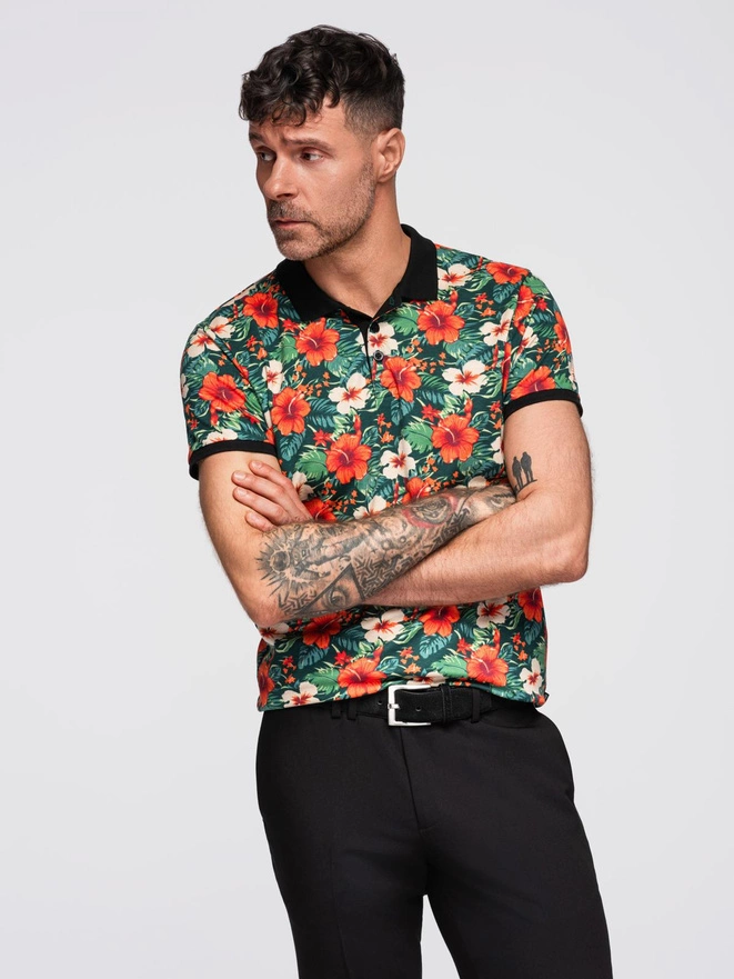 Polo koszulka bawełniana z nadrukiem w kwiaty – czarna V2 OM-POSS-0149