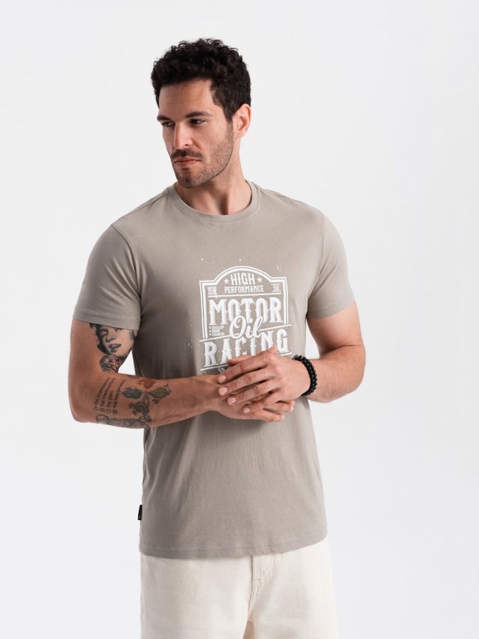 T-shirt męski z nadrukiem w stylu motocyklowym – popielaty V3 OM-TSPT-0125