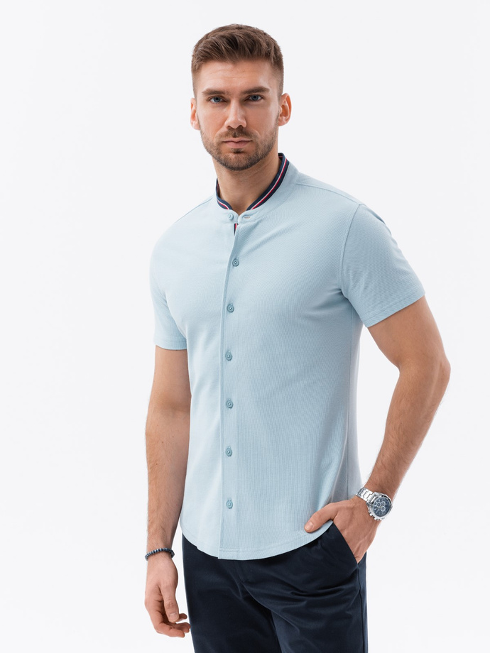 Men's knit shirt with short sleeves and collared collar - blue V3 OM-SHSS-0101