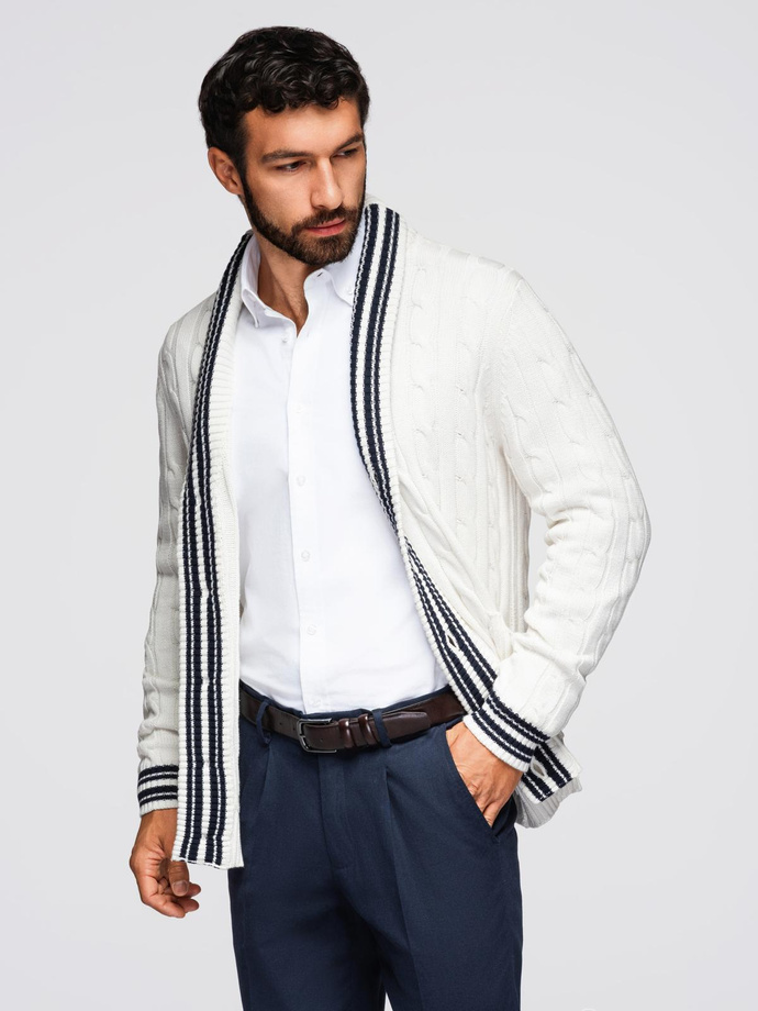 Sweter męski kardigan z szalowym kołnierzem w stylu preppy - biały V1 OM-SWCD-0152