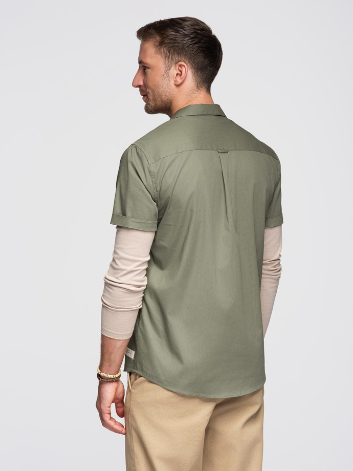 Men's short sleeve shirt with Cuban collar - khaki V4 OM-SHSS-0168