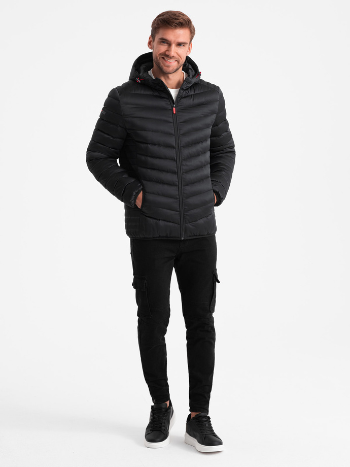 Lekko ocieplona pikowana męska kurtka z satynowym wykończeniem – czarna V2 OM-JALP-0180