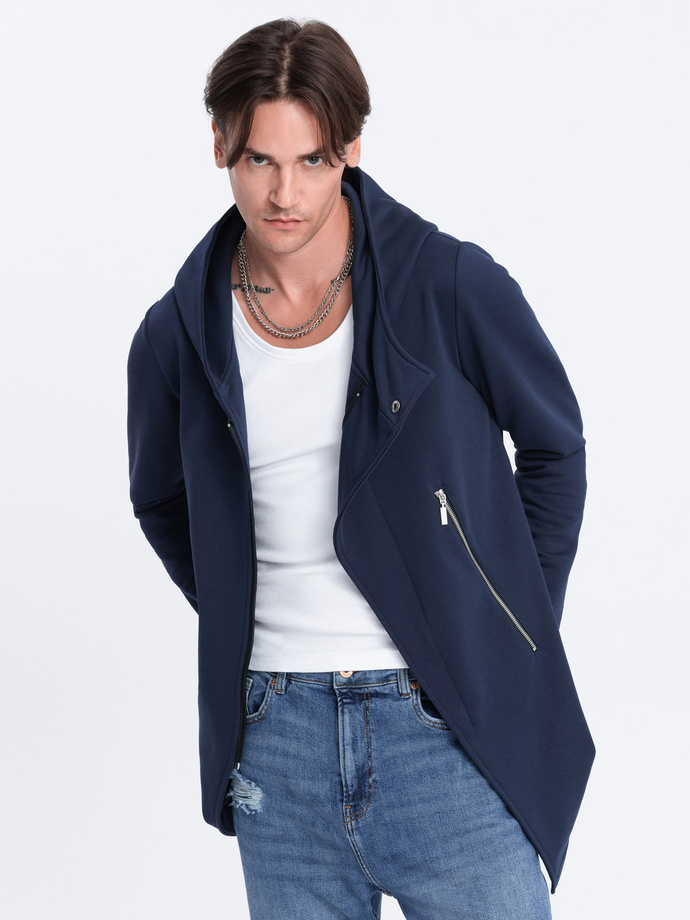 Men's long sweatshirt with asymmetrical button-up HAGA - navy blue B668