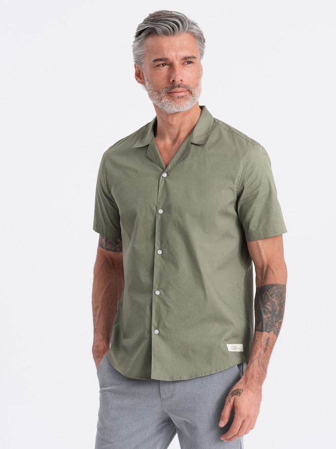 Men's short sleeve shirt with Cuban collar - khaki V4 OM-SHSS-0168