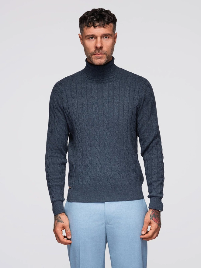 Men's turtleneck sweater with checkered weave - navy blue V3 OM-SWTN-0157