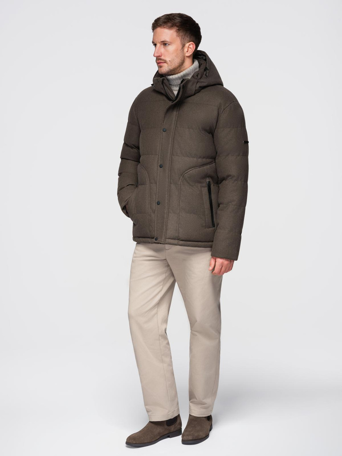 Męska kurtka casualowa puffer z wełną – ciemnooliwkowy melanż V4 OM-JAHP-0203