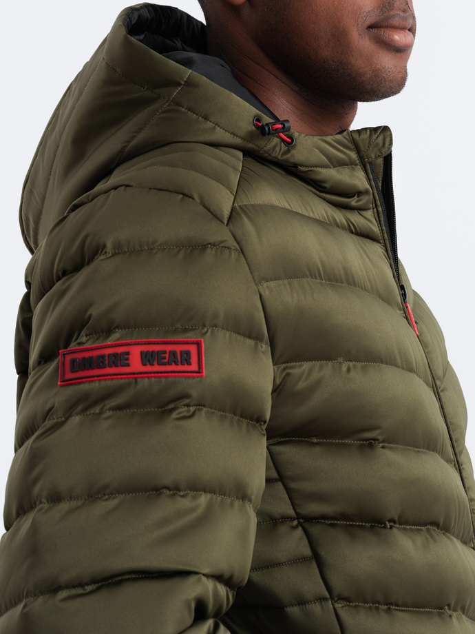 Men's quilted jacket with satin finish - dark olive green V13 OM-JALP-0121
