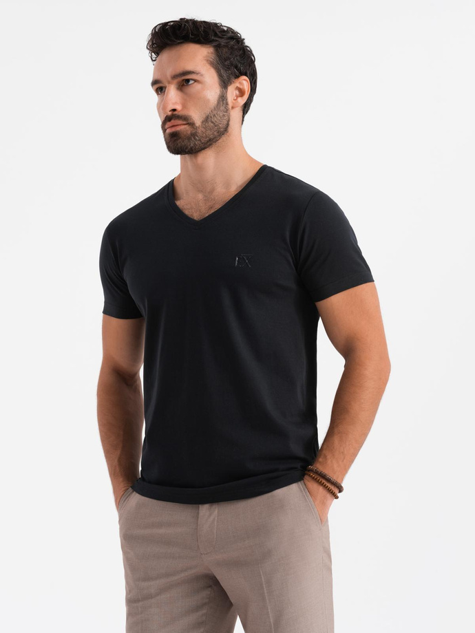 T-shirt męski V-neck SLIM FIT z elastanem i printem  – czarny V1 OM-TSBC-0221