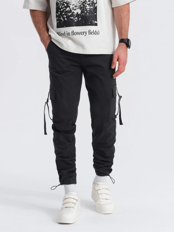 Men's cargo pants STRAIGHT LEG with stripes on pockets - black V4 OM-PACG-0197