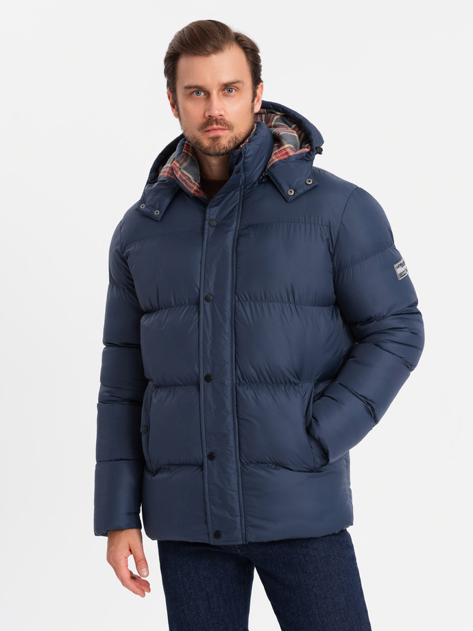 Men's puffer jacket with check lining - navy blue V1 OM-JAHP-0205