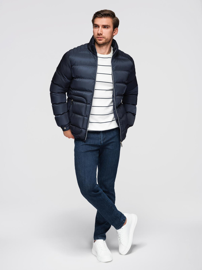 Men's quilted jacket with sheen and stand-up collar - dark blue V2 OM-JALP-0218