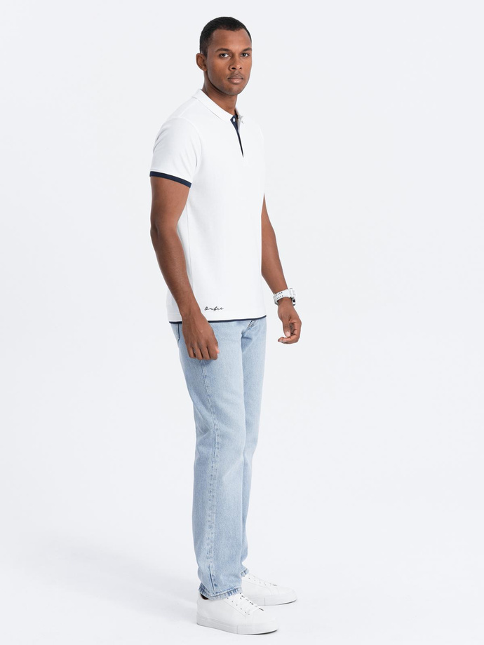 Bawełniana męska koszulka polo z kontrastowymi wykończeniami – biała V1 OM-POSS-0113