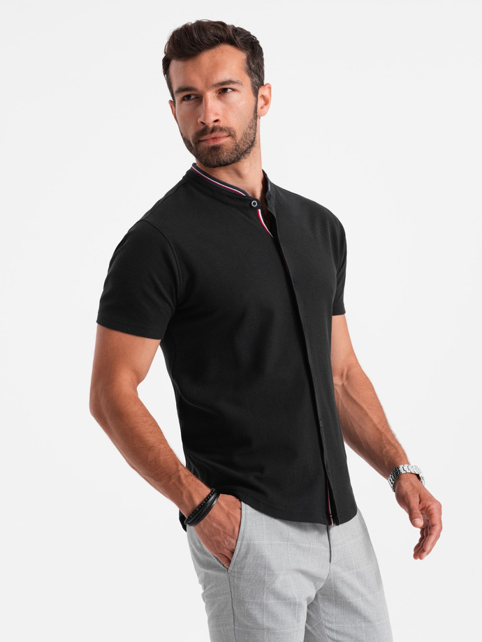 Men's knit shirt with short sleeves and collared collar - black V4 OM-SHSS-0101