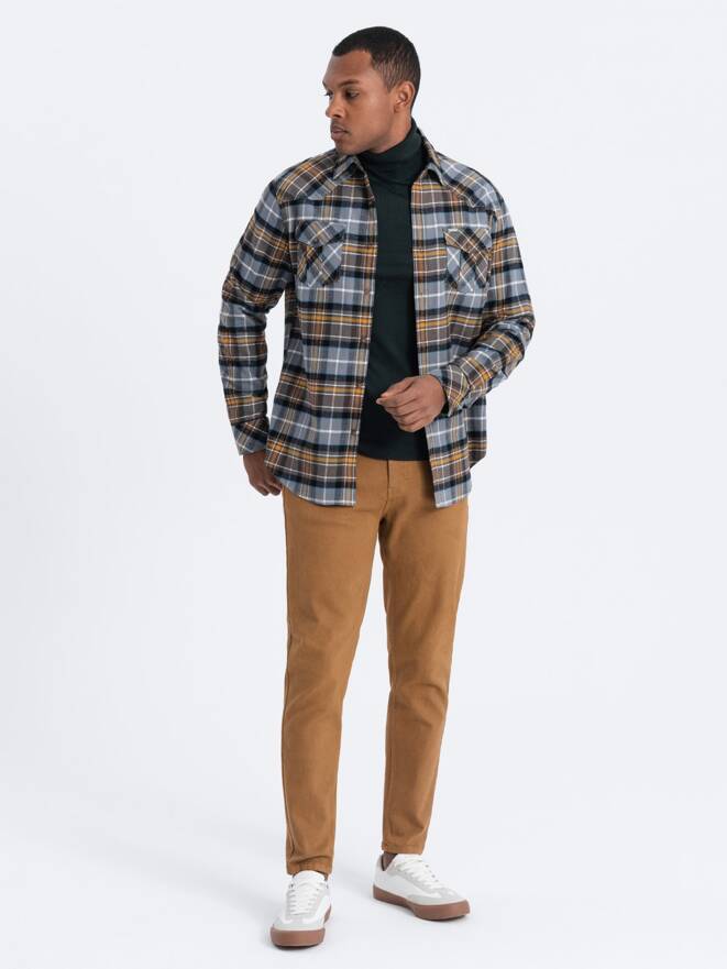 Jeansowe spodnie męskie bez przetarć SLIM FIT - camel V10 OM-PADP-0148