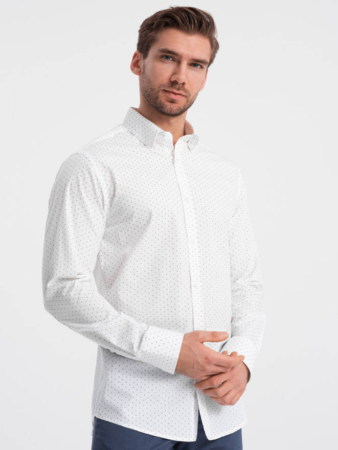 Klasyczna męska bawełniana koszula SLIM FIT w mikro wzór - biała V1 OM-SHCS-0156